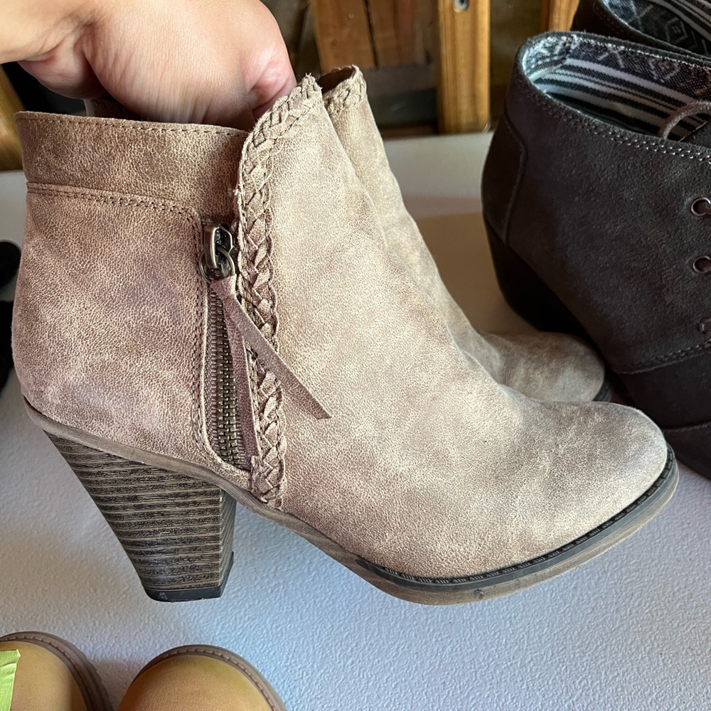 Maurices Tan Ankle Booties with Stacked Heel and Side Zipper